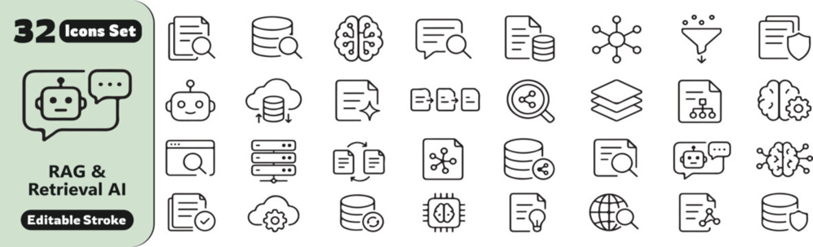 32 RAG & Retrieval AI Vector Outline Icons Set &ndash; Retrieval Augmented Generation, AI Search, Knowledge Base, Chatbot and Machine Learning Line Symbols Collection