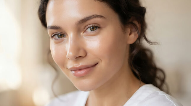Natural Young Woman Portrait With Soft Smile, Clear Skin and Warm Natural Light Close Up

