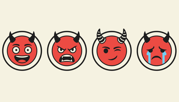 Devil face emoji set showing laughing, angry, winking, and crying expressions in bold red within circular borders.
