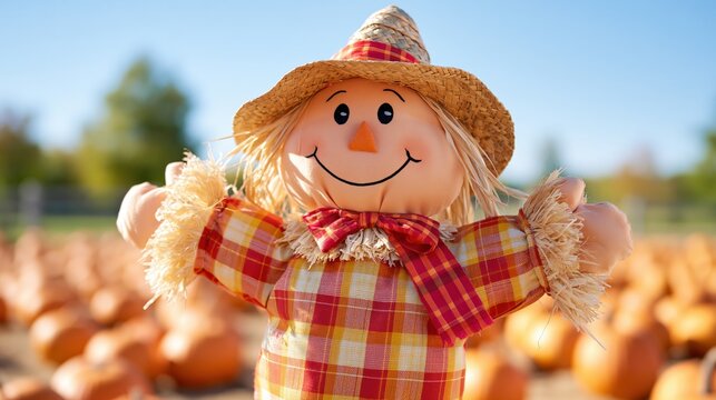 Cheerful scarecrow stands in a field of pumpkins under a blue sky.
