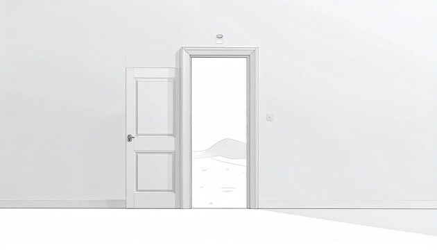 Open doors in a white minimalist room abstract landscape view