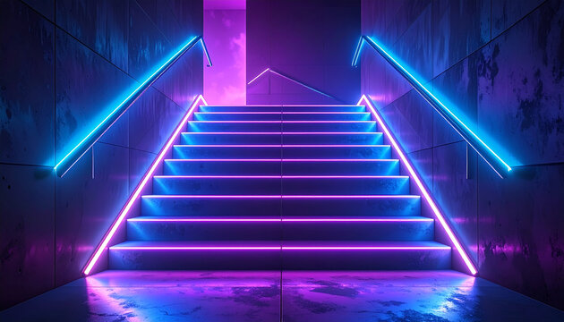 Neon lit modern staircase with purple and blue glow