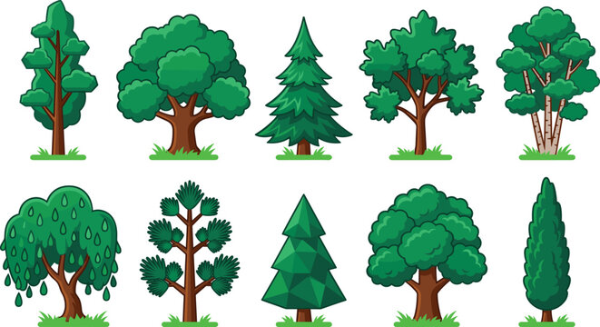 Set of green cartoon forest trees and pines in flat style vector illustration