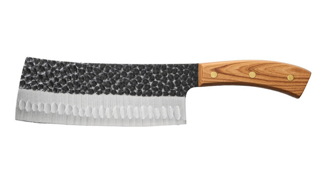 Hammered metal cleaver with wooden handle, isolated on transparent background