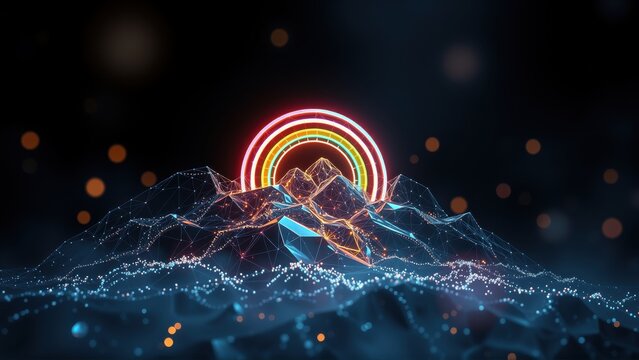 Abstract mountains glow, connected by vibrant lines. Dark background emphasizes digital landscape, creating futuristic scene.