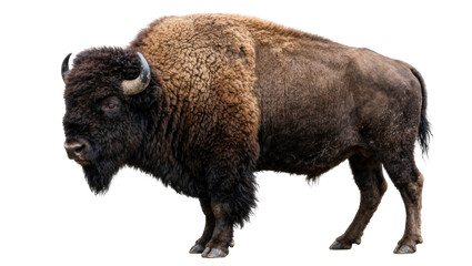 Majestic American bison with thick brown fur horns and beard, isolated on transparent background © JOSEPH