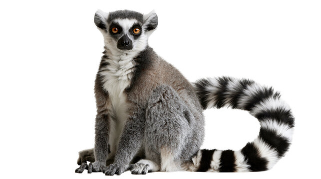 Ring-tailed lemur with grey fur and long black and white striped tail