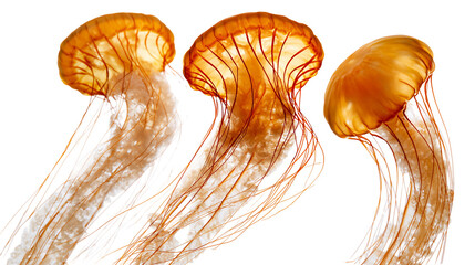 Three translucent orange jellyfish with long trailing tentacles © dominica