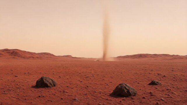 Dust Devil Sweeping Across a Barren Red Planet Landscape