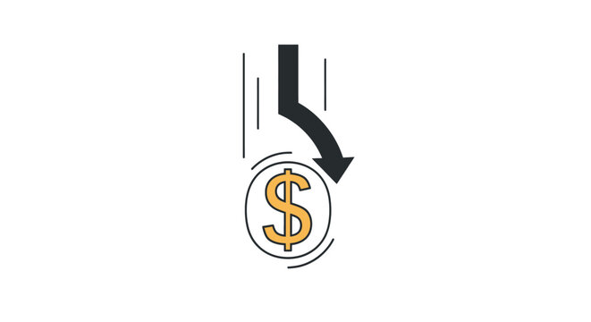 Minimalist vector icon with a falling arrow pointing to a dollar coin, representing financial loss and economic inflation, ideal for business presentations and investment risk analysis