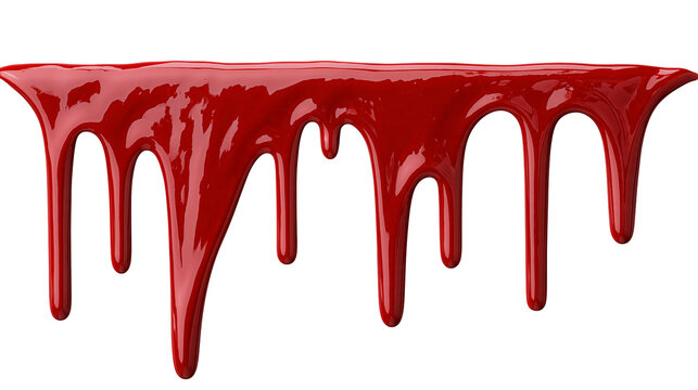 Thick glossy red paint dripping down in smooth vertical streams