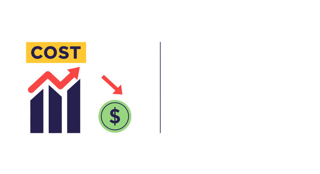 Clean business icon with rising cost chart and falling dollar coin on white background, concept for budget optimization, financial planning and corporate cost-cutting presentations