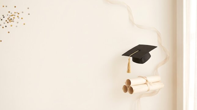 Graduation cap and diploma scrolls celebration background with confetti on light beige wall