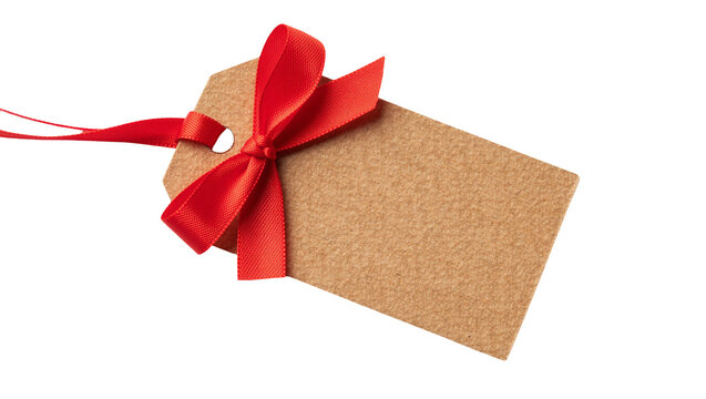 Brown kraft paper gift tag with red satin ribbon bow, isolated on transparent background