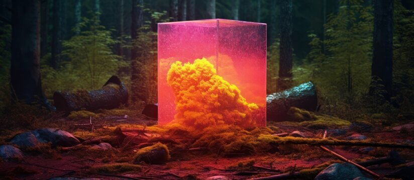 Mysterious glowing cube in a dark forest with vibrant orange energy inside.