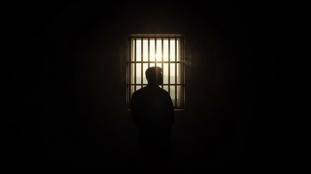 Silhouette of Prisoner Man Before Barred Window in Darkness, Isolation and Confinement