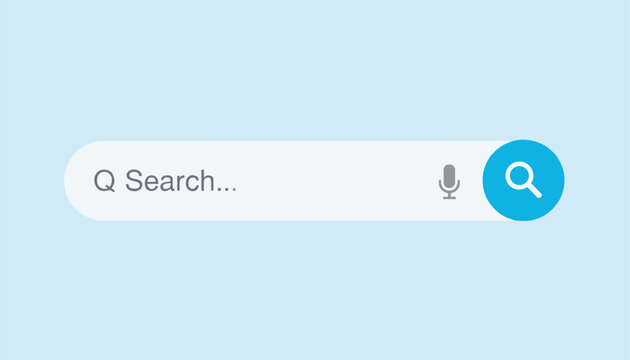 Clean search bar mockup with microphone voice input and search magnifying glass buttons on light blue background.