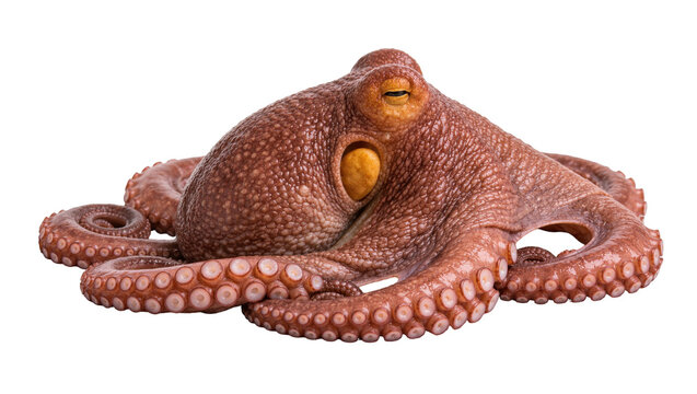 Brown octopus with eight tentacles and yellow eyes, isolated on transparent background