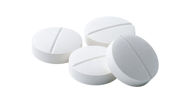 Four round white pharmaceutical tablets with a central score line