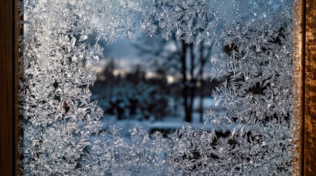 Frosted Window With Clear View of Winter Trees
