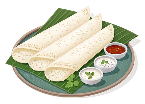eer Dosa delicate white rice crepes arranged elegantly, premium vector style