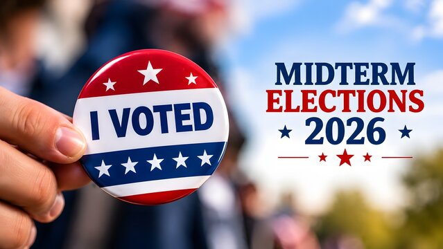 Hand holding an i voted button pin for the 2026 midterm elections in the united states