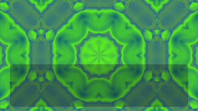 Vibrant green abstract kaleidoscope pattern background with symmetrical geometric shapes and soft textures.