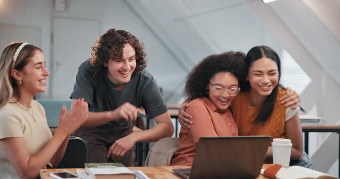 Excited, people and students in class with laptop, good news and test results for academic success. Smile, friends and applause at university with tech, acceptance and pass exam for learning victory