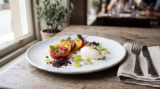 Deconstructed avant-garde Greek salad with compressed tomatoes, whipped feta mousse, cucumber gel&Atilde;&copy;e, and olive soil on a white porcelain plate.