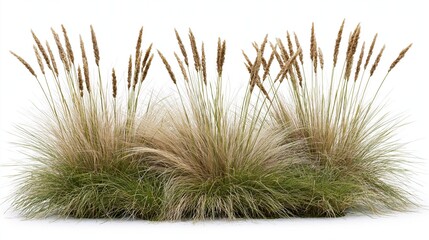 Obraz premium Clumping ornamental grass tufts with tall seedheads on white background