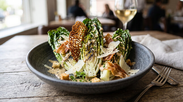 Modern chef's Caesar salad with charred baby romaine hearts, crispy pancetta, parmesan, anchovy tuile, and garlic emulsion in a ceramic bowl.