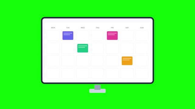 Digital Calendar and Task Planner Animation on Computer Monitor with Green Screen Background.