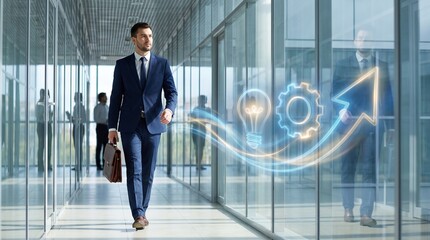 Fototapeta premium Businessman Walking Office Hallway with Trailing Innovation Icons for Career Growth Concept