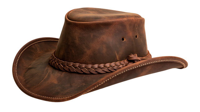 Distressed brown leather cowboy hat with braided band and stitched brim