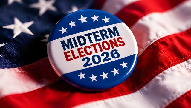 Midterm elections 2026 button badge resting on a waving united states of america national flag