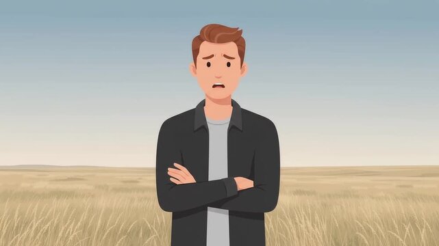 Concerned man standing with arms crossed in dry grass field animation.