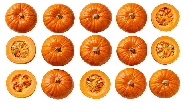 Whole and sliced orange pumpkins arranged in a grid pattern