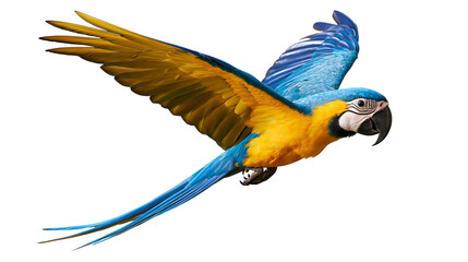 Blue and yellow macaw parrot in flight with wings spread wide © dominica