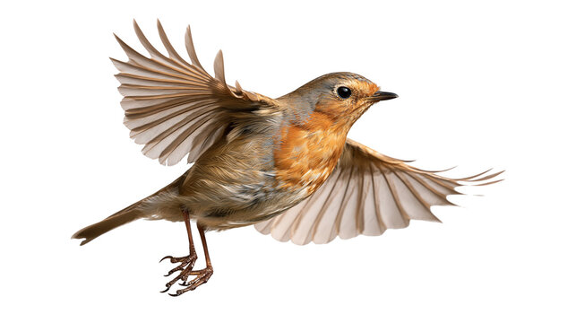 European robin bird in flight with spread wings and orange breast