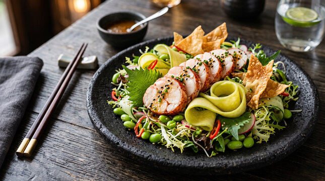 Exquisite Asian-fusion lobster salad with poached lobster medallions, green mango ribbons, edamame, shiso, wonton shards, and lime-sesame dressing.