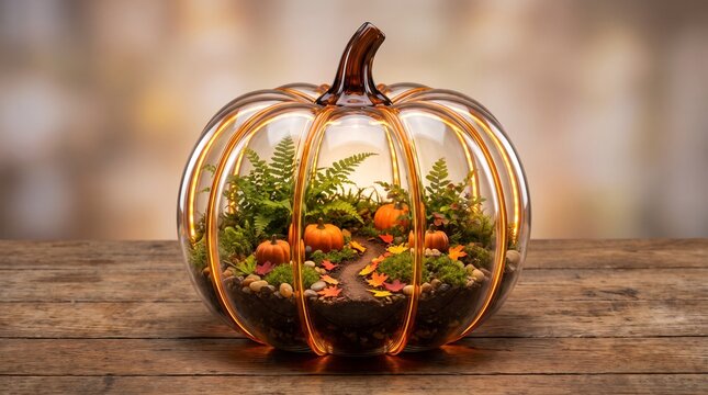Glass pumpkin terrarium, miniature garden, autumn decor, rustic elegance