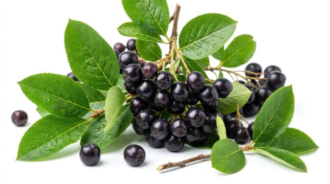 Fresh Aronia Berries with Green Leaves on White Background Healthy Antioxidant Superfood