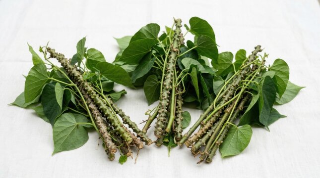 Fresh Giloy stems and leaves arranged on a white background natural health ingredients Ayurvedic herbs