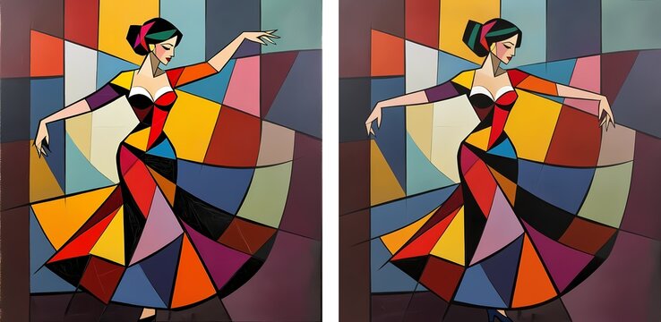 What is the difference angular triangle woman dance colorful 5 parts different illustration alteration dissimilar disparity discrepancy divergence distinctness variation unlikeness variance, not the s
