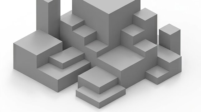 Abstract 3D isometric grey cubes and building blocks