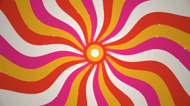 Retro groovy spiral background with rotating psychedelic sunburst stripes and vintage film grain effect.