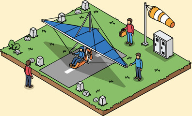 Fototapeta premium Hang gliding launch on grassy hill with pilots and gear
