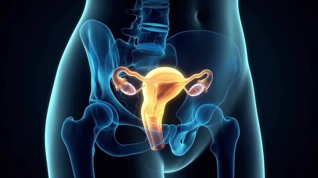 3D anatomical visualization of the female reproductive system highlighting the uterus and ovaries within the pelvic region of a transparent human body