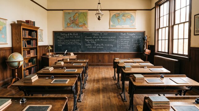 Traditional Vintage Style School Classroom with Wooden Desks and Blackboard