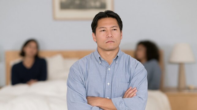 Middle-aged Asian husband is a cheater: Asian man caught on cheating by his wife, while he wanted to practice polyamory himself. Jealous. Love triangle
